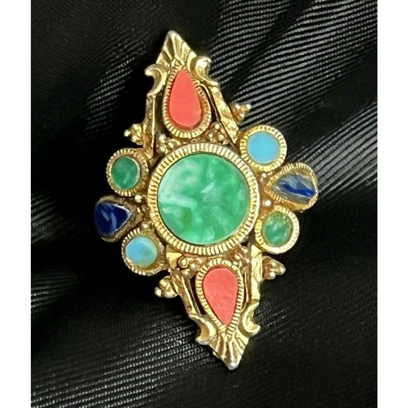 Vintage Mode Art Adjustable Ring Multi Gem Gold Tone Victorian Revival Style - Picture 4 of 12